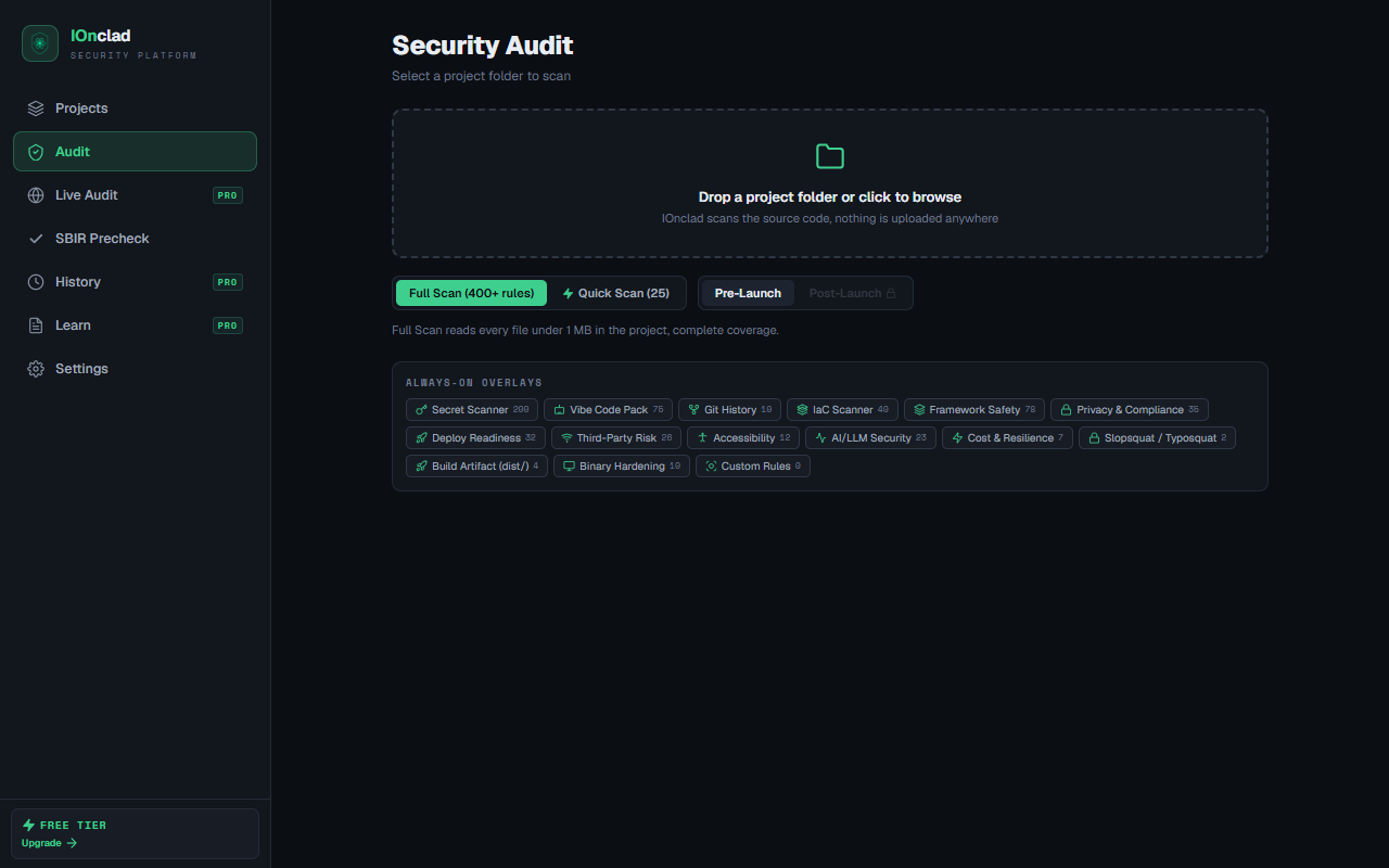 IOnclad Audit setup: the always-on scanner catalogue with per-scanner check counts, plus Full and Quick scan modes