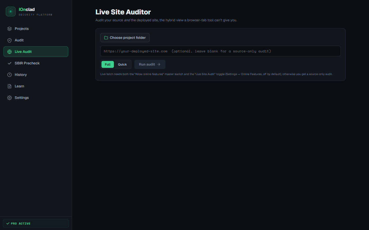 IOnclad Live Site Auditor: choose a project folder and enter a deployed URL to run a hybrid source-plus-live audit