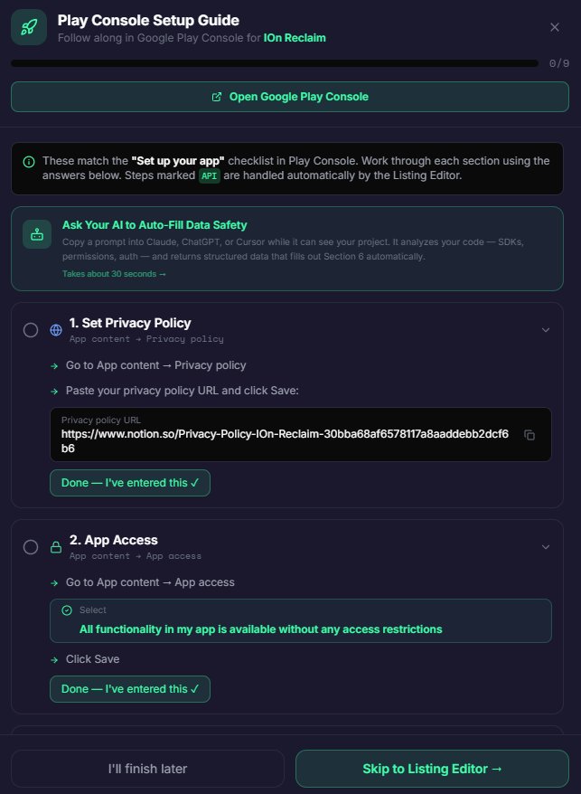 IOn Emit 9-Step Pre-Flight Wizard showing Play Console Setup Guide with step-by-step instructions and copy-paste answers