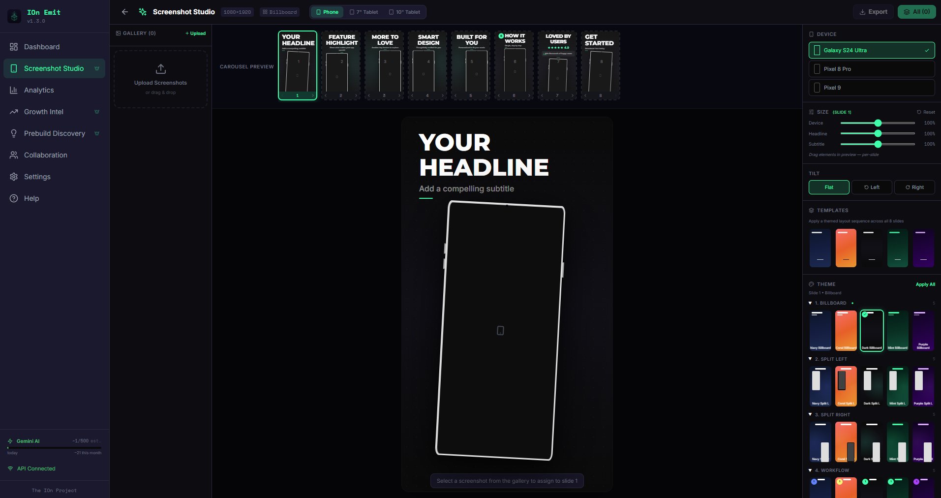 IOn Emit Screenshot Studio with carousel preview, device frame selector, template themes, and size controls